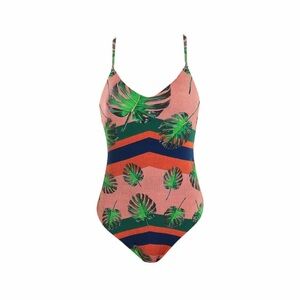 Tropical Leaf Print One Piece Swimsuit - Pink and Green